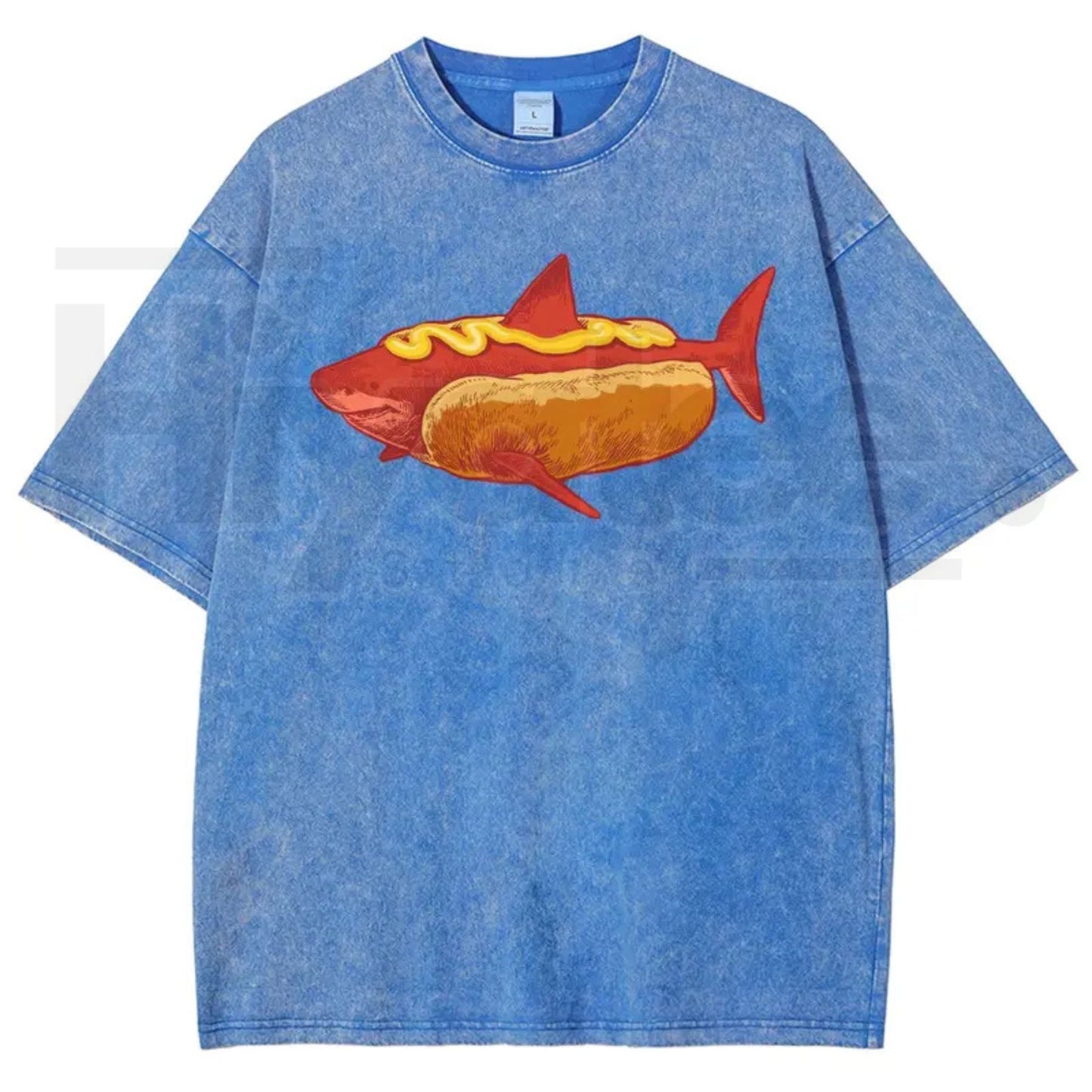 Shark Hotdog Funny Food Meme Vintage Washed Tee – Weirdcore Ocean Animal Graphic T-Shirt