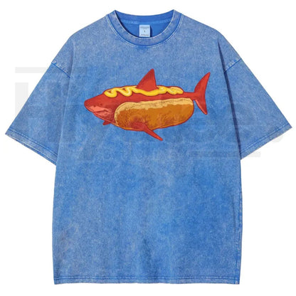 Shark Hotdog Funny Food Meme Vintage Washed Tee – Weirdcore Ocean Animal Graphic T-Shirt