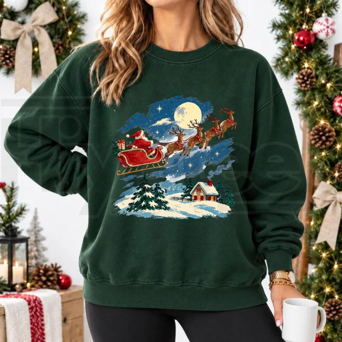 Vintage Santa Sleigh Reindeer Christmas Sweatshirt, Snowy Cottage Winter Holiday Pullover