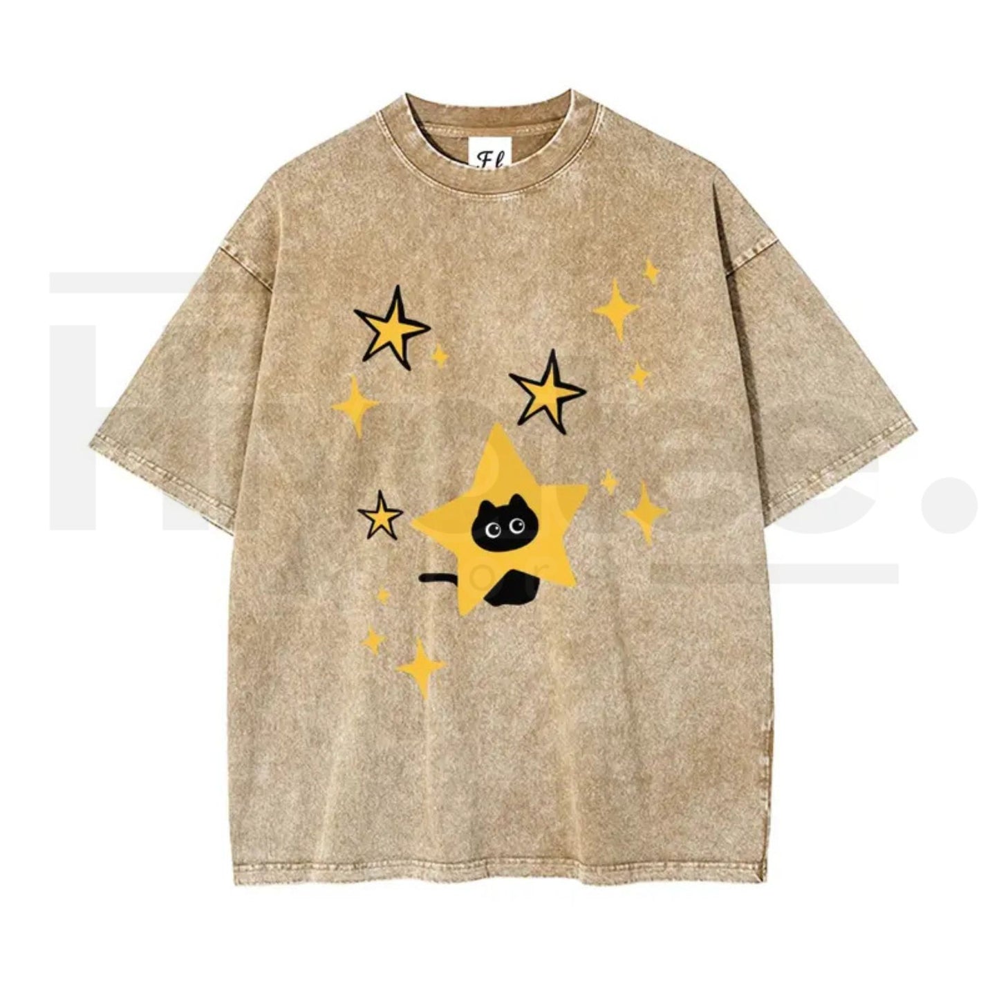 Unisex Minimalist Black Cartoon Kitten and Five-Pointed Star Graphic Washed T-Shirt – Y2K Vintage Oversized Cotton Top