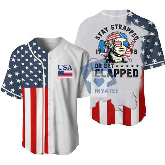 4th of July Coor Beer Baseball Jersey – Stay Strapped or Get Clapped 1776 George Washington Shirt, Vintage USA Flag Party Outfit