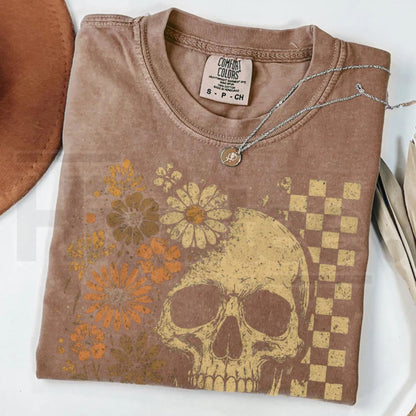 Boho Skull Graphic Tee Vintage Grunge Retro Summerween Spooky Halloween Shirt