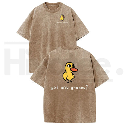 Holafish Women's Retro Vintage "Eat Grapes?" Duck Graphic T-Shirt – Oversized Heavy Washed Cotton Streetwear Tee