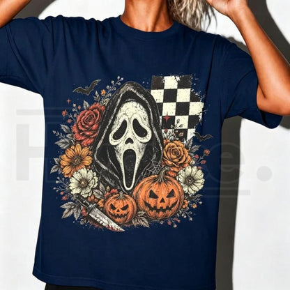 Ghost Face Retro Halloween T-Shirt – Vintage Horror Mask Graphic Tee