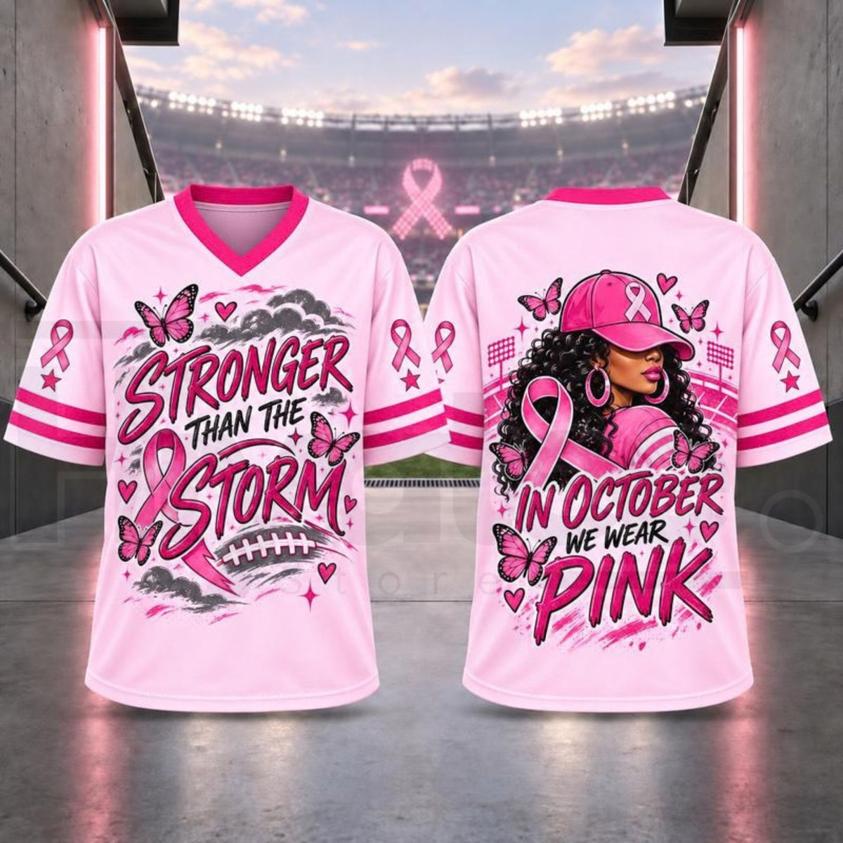 Breast Cancer Awareness Football Jersey – Pink Ribbon V-Neck Game Day Top