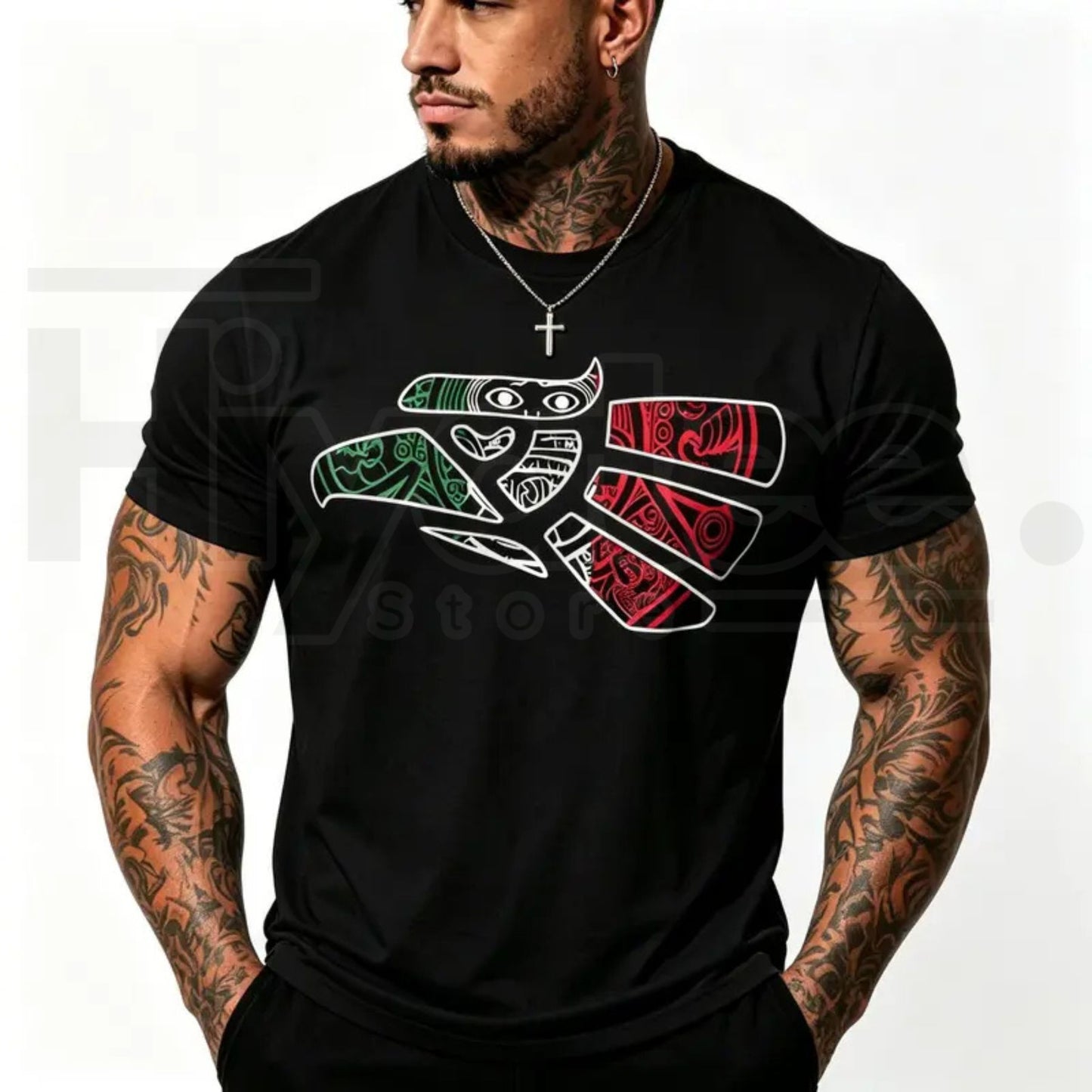 Latino Heritage Mexico Eagle Tribal Art T-Shirt – Mexican Flag Tattoo Style Tee