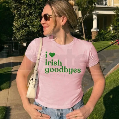 "Irish Goodbye" St. Patrick's Day Baby Tee – Funny St. Paddy's BORG Drinking Shirt