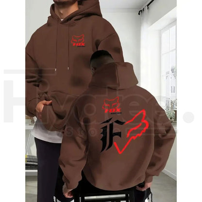 Men's Fleece Baggy Motorcycle Fox Print Hoodie – Dual-Sided Casual Long Sleeve Streetwear Pullover