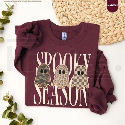 Spooky Season Sweatshirt – Leopard Ghost, Camo Ghost, Checkered Ghost Crewneck, Halloween Fall Gift