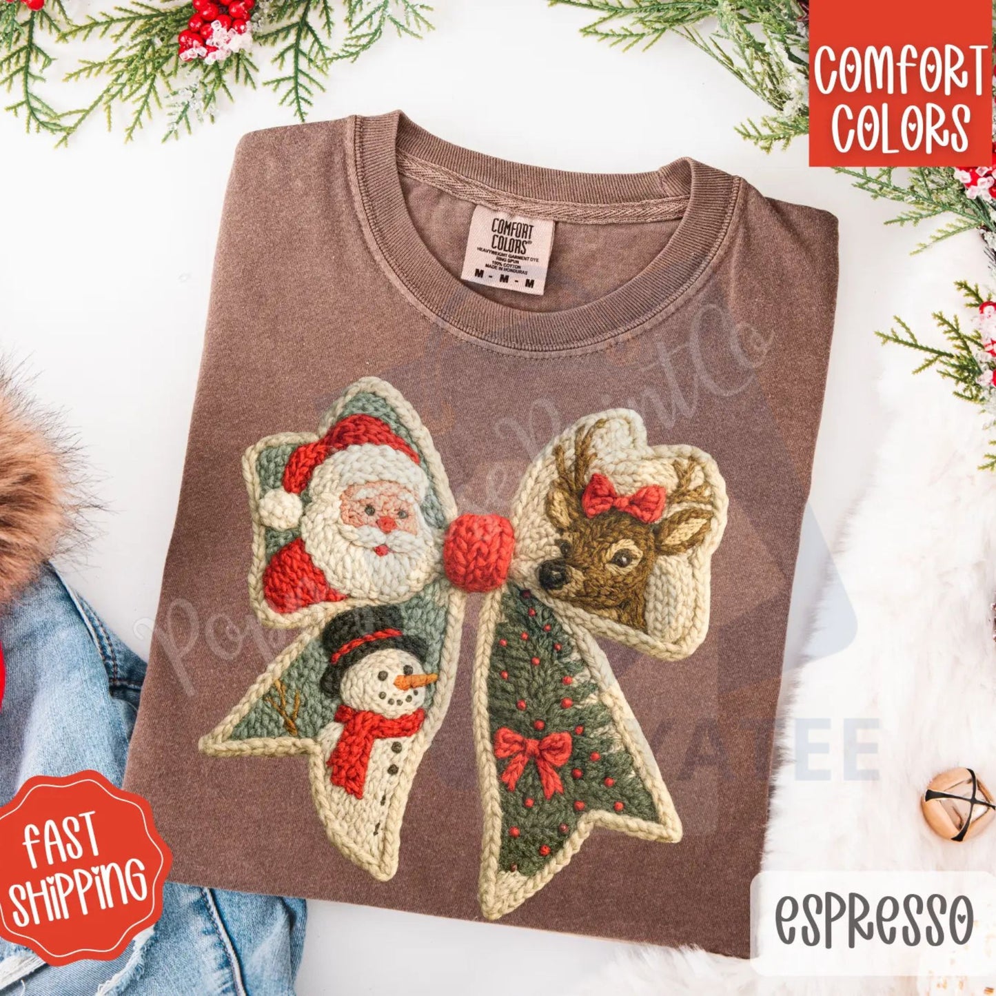 Knit Christmas Bow Shirt Comfort Colors – Trendy Women's Holiday T-shirt, Vintage Faux Knit Aesthetic Tee