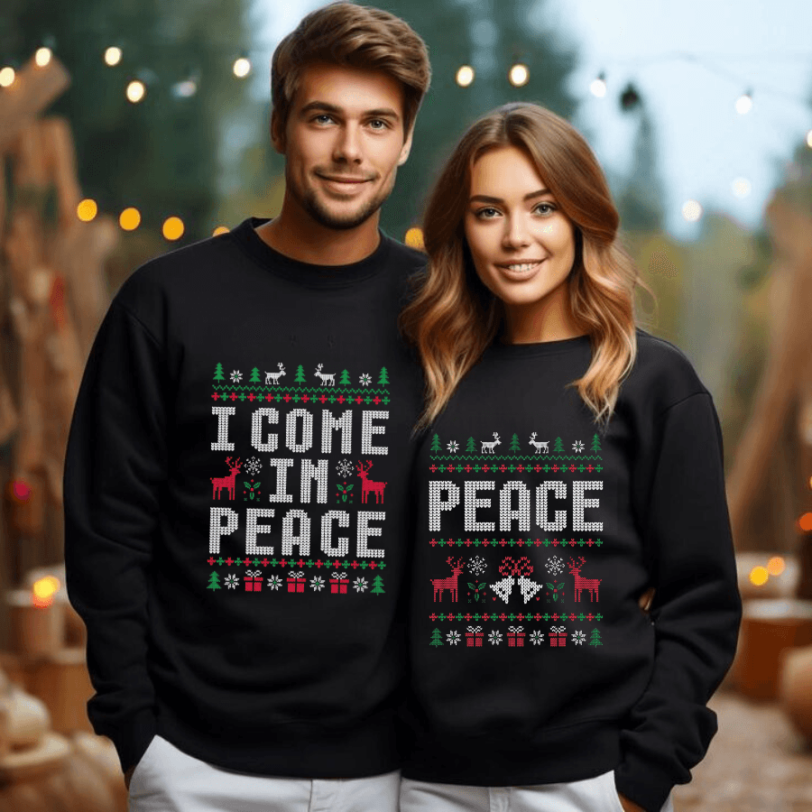 Matching Couples Ugly Christmas Sweatshirts Funny Couple Ugly Christmas Sweatshirts, I Come in Peace Sweatshirts - Hiyatee