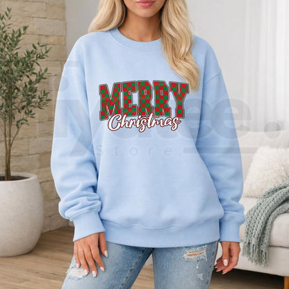 Merry Christmas Checkered Sweatshirt, Retro Vintage Holiday Buffalo Plaid Graphic Pullover