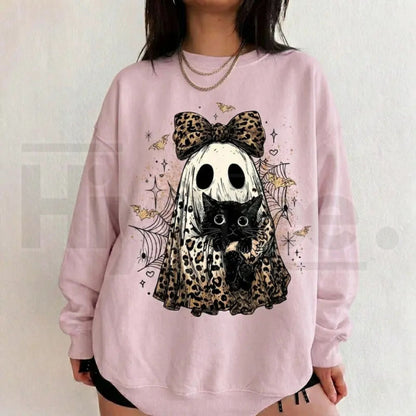 Leopard Ghost Cat Halloween Sweatshirt – Cute Spooky Black Cat Graphic Shirt, Coquette Bow Ghost Fall Outfit