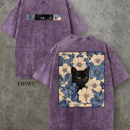 "Cat in the Flowers" Double-Sided T-Shirt – Vintage Washed 230gsm Heavyweight Streetwear