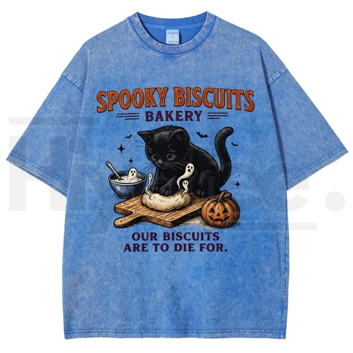 Men's Spooky Biscuits Black Cat Halloween T-Shirt – Vintage Brown Acid-Wash Oversized Cotton Tee