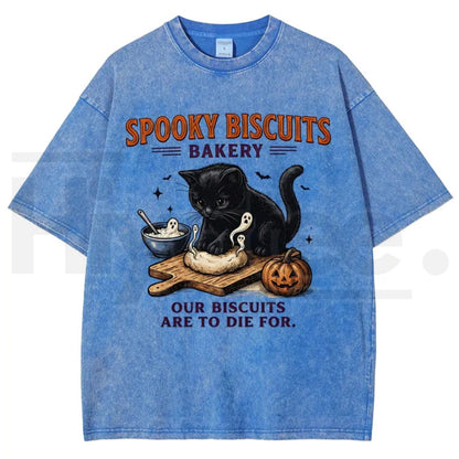 Men's Spooky Biscuits Black Cat Halloween T-Shirt – Vintage Brown Acid-Wash Oversized Cotton Tee
