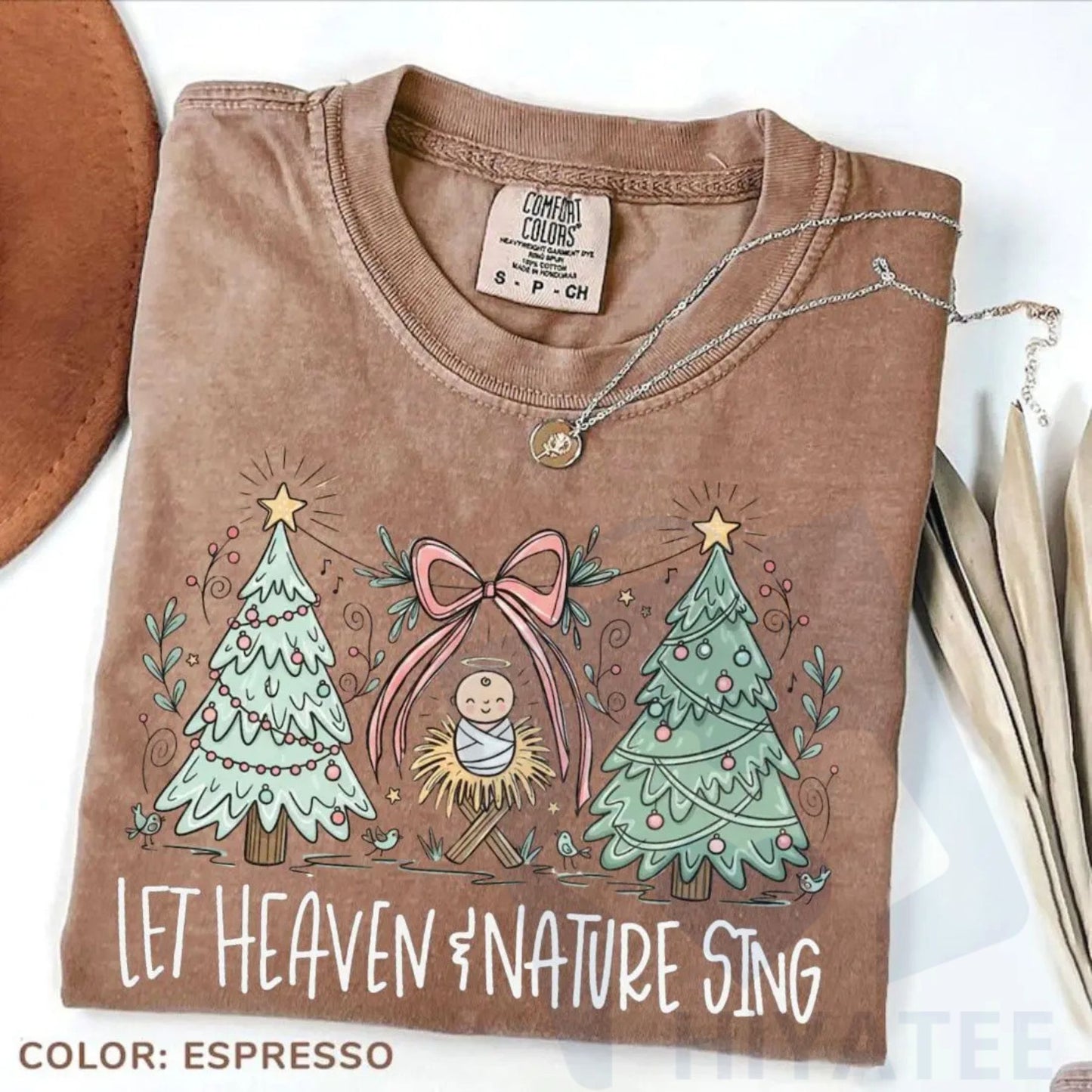 Comfort Colors "Heaven and Nature Sing" T-Shirt – Whimsical Christmas Nativity Bow Trees Tee