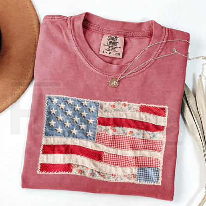 Comfort Colors® Retro American Flag Shirt – Faux Patchwork USA Patriotic Tee