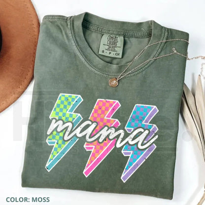 Comfort Colors® Lightning Checkered Neon Mama T-Shirt – Trendy Rock Mom Bolt Tee