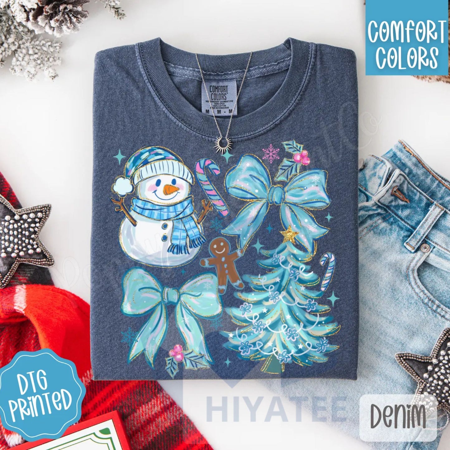 Blue Christmas Comfort Colors, Trendy Women's Holiday Tshirt
