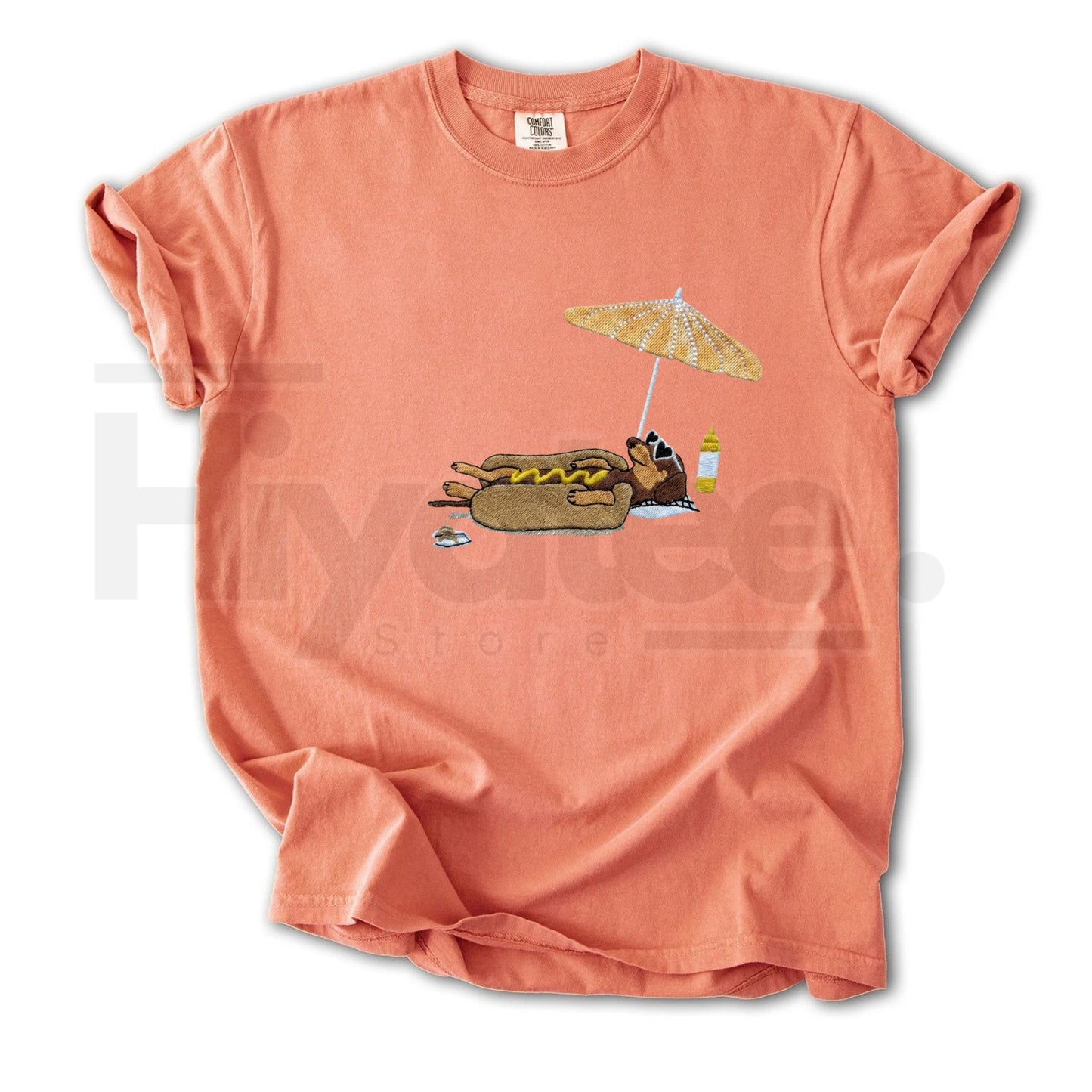 Hot Dog On Beach Dachshund Embroidered Summer Comfort Colors® T-Shirt – Funny Weiner Dog Beach Tee, Embroidered Summer Shirt