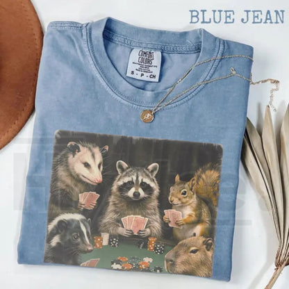 Comfort Colors Animals Playing Poker T-Shirt – Funny Meme Tee, Raccoon Opossum Capybara Graphic Shirt