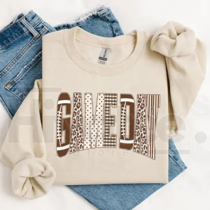 Preppy Football Game Day Sweatshirt – Touchdown Football Mom Crewneck, Leopard Checkered Gingham Pullover