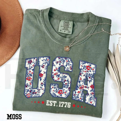 Comfort Colors® Floral USA Shirt – Retro Botanical Patriotic Digital Print Tee