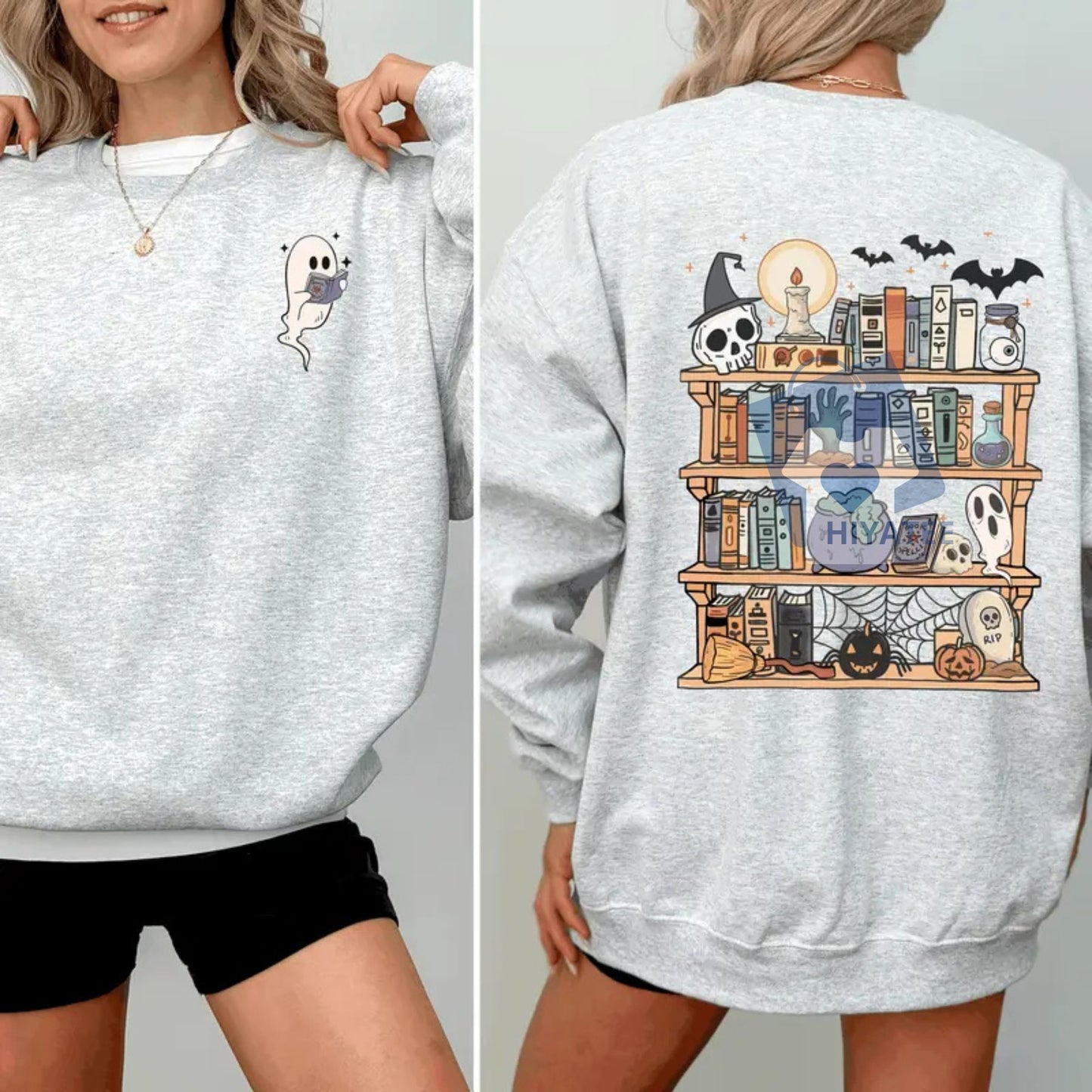 Reading Ghost Sweatshirt – Spooky Halloween Library Crewneck for Teachers & Book Lovers, Cute Front & Back Design