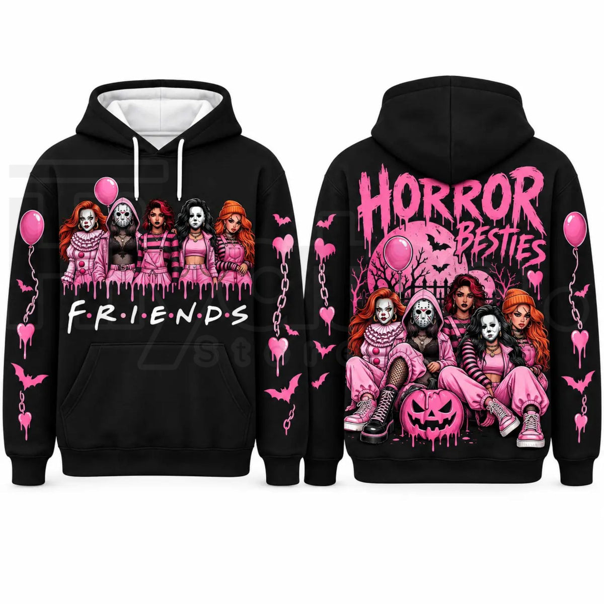 In October We Wear Pink Horror Hoodie – Spooky Movie Character Pink Ribbon Graphic Pullover, Breast Cancer Awareness Halloween