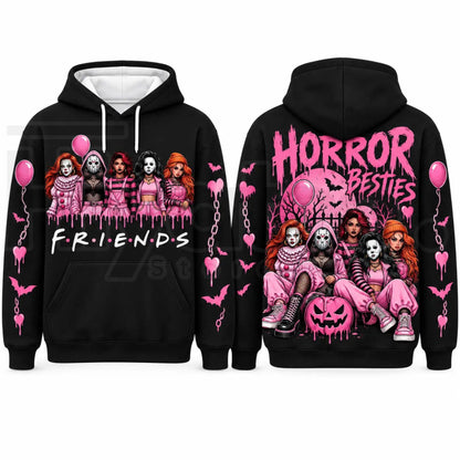 In October We Wear Pink Horror Hoodie – Spooky Movie Character Pink Ribbon Graphic Pullover, Breast Cancer Awareness Halloween