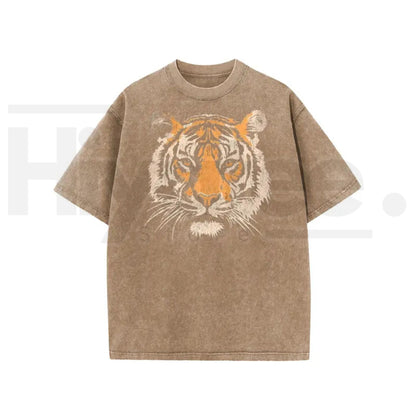 Holafish Unisex Vintage Tiger Graphic Short Sleeve T-Shirt – Acid Washed Heavyweight Cotton Oversized Streetwear Top