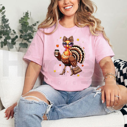 Women's Leopard Turkey Drinking Coffee T-Shirt – Festive Thanksgiving Day Graphic Tee