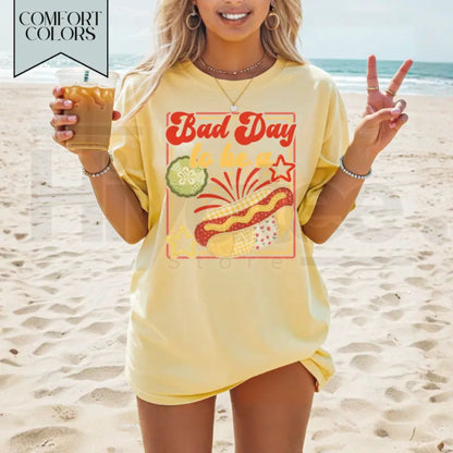 Bad Day to be a Hot Dog Shirt – Funny 4th of July Summer Tee, Trendy Retro Independence Day Graphic Top for Women