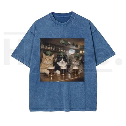 Unisex Cat Shamrock Vintage Washed T-Shirt – St. Patrick’s Day Graphic Tee