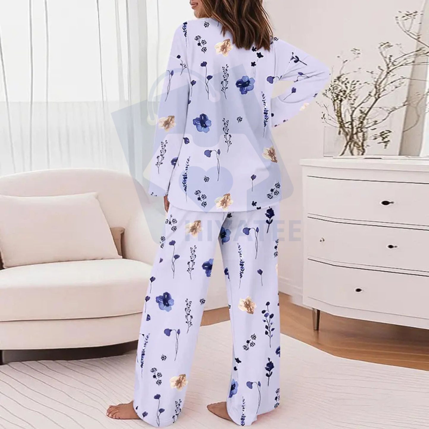 ChicMe Floral Print Satin-Feel Pajama Set with Pockets – Round Neck Long Sleeve Top & Casual Pants