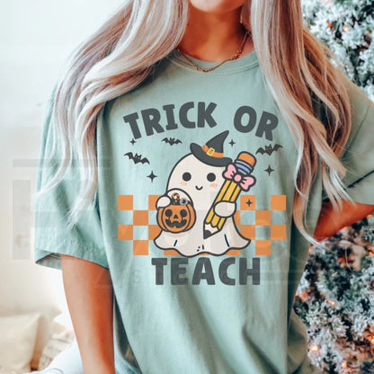 Comfort Colors Teacher Halloween Shirt Retro Ghost Trick or Teach Tee