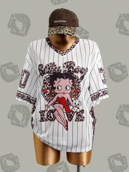 Streetwear Hip-Hop Mesh V-Neck Retro Doll T-Shirt