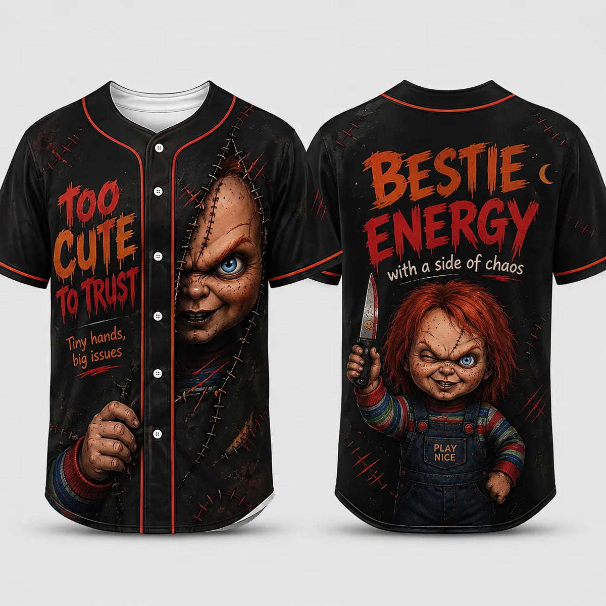 Unisex Horror Graphic Print Baseball Jersey – Slasher Theme Button-Up Shirt