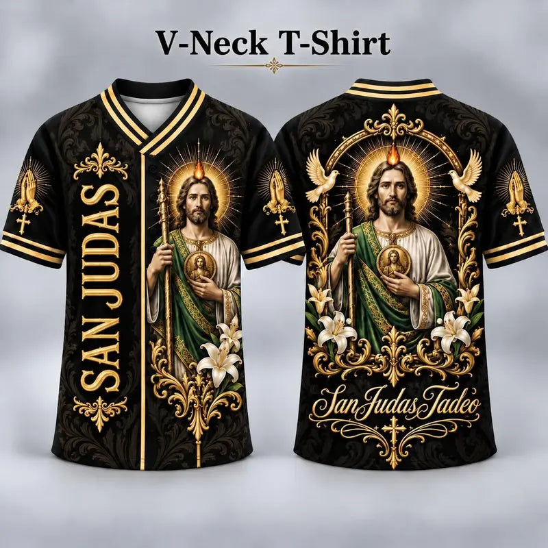 Men's San Judas Tadeo Graphic V-Neck Shirt & Baseball Jersey Style Top
