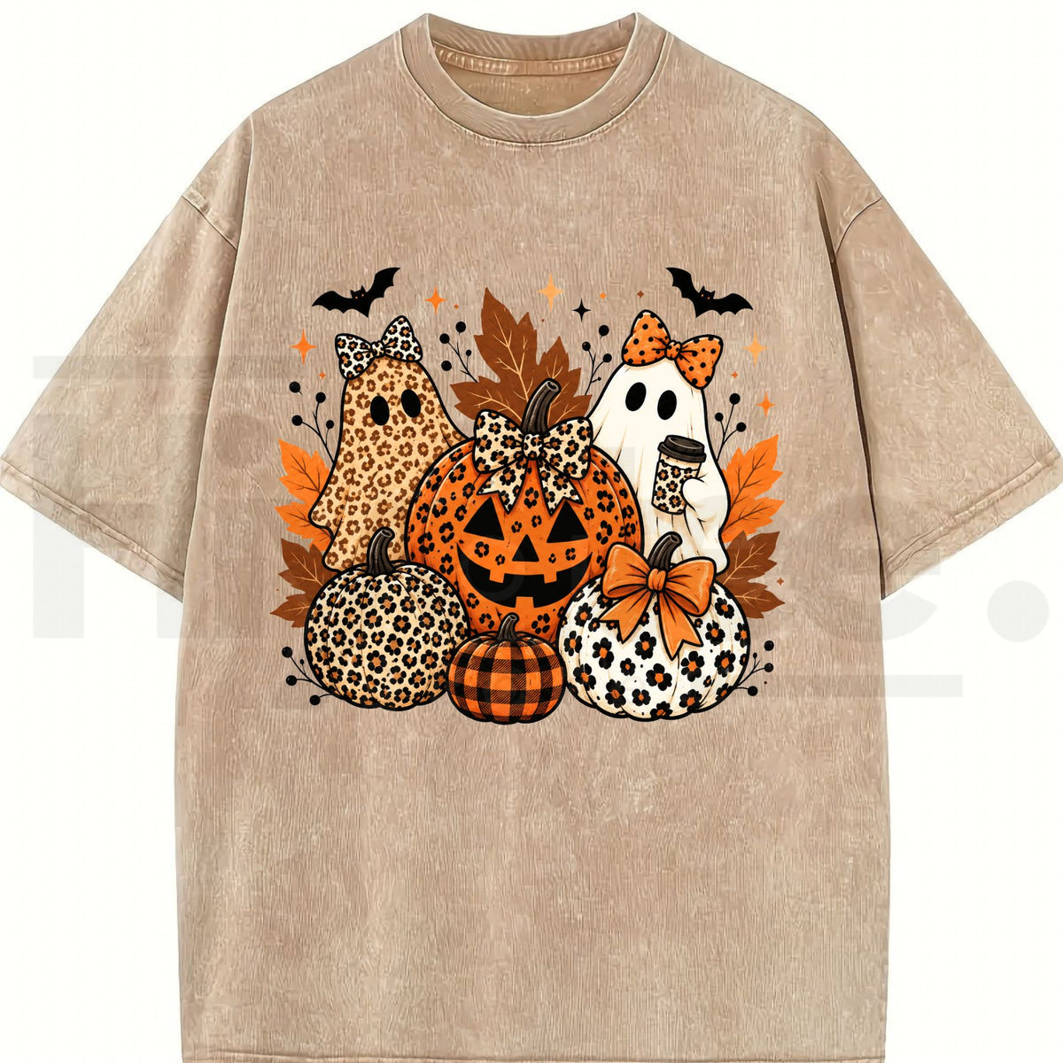 Leopard Bow Ghost Pumpkin Halloween Oversized T-Shirt – Vintage Washed Fall Graphic Tee for Women & Men