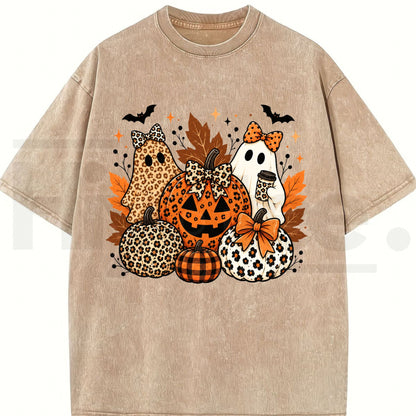 Leopard Bow Ghost Pumpkin Halloween Oversized T-Shirt – Vintage Washed Fall Graphic Tee for Women & Men