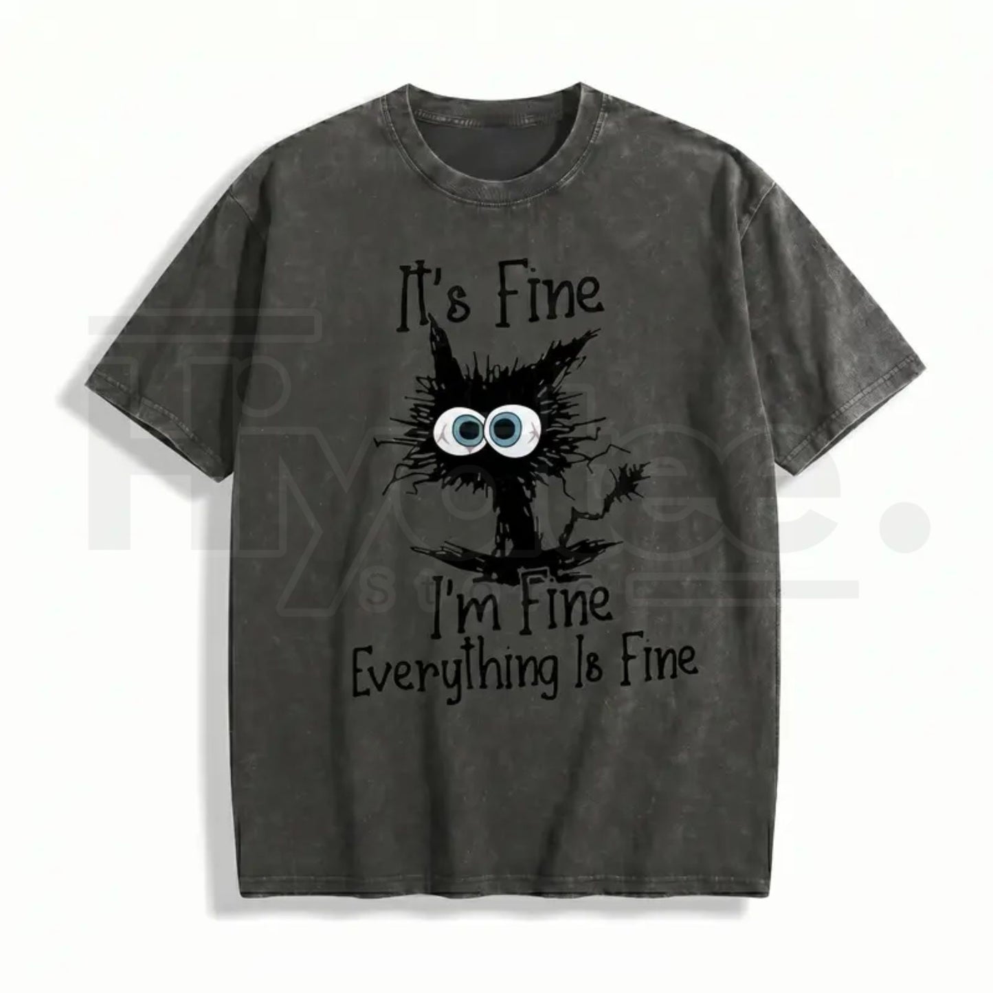 "It's Fine I'm Fine" Funny Cat T-Shirt – Premium Heavyweight Acid Wash Vintage Tee