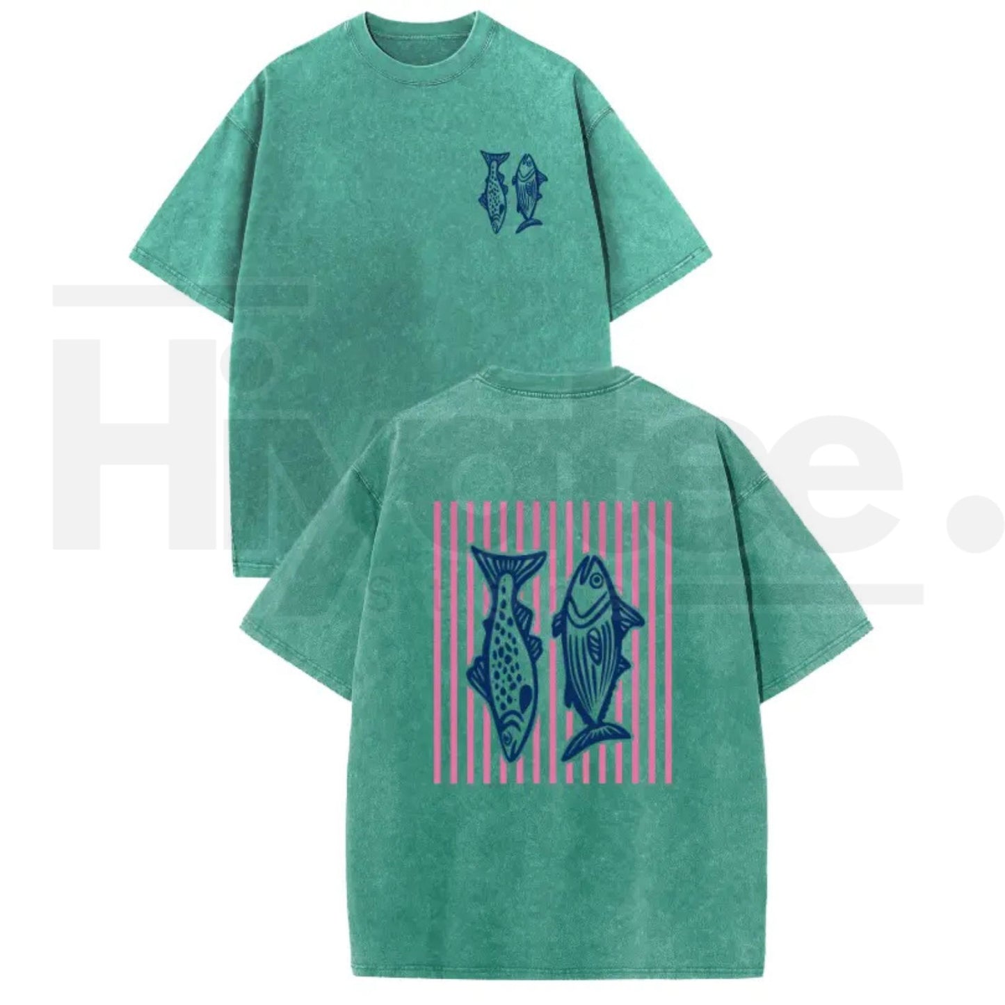 Holafish Pink Striped Fish Graphic T-Shirt – Premium Heavyweight Acid Wash Streetwear Tee