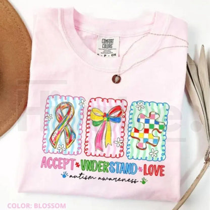 HappyShift - Comfort Colors® Autism Accept, Understand, Love T-Shirt – Autism Mama Bow Graphic Tee
