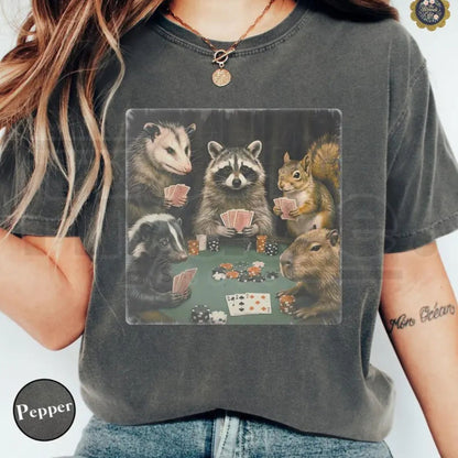 Comfort Colors Animals Playing Poker T-Shirt – Funny Meme Tee, Raccoon Opossum Capybara Graphic Shirt