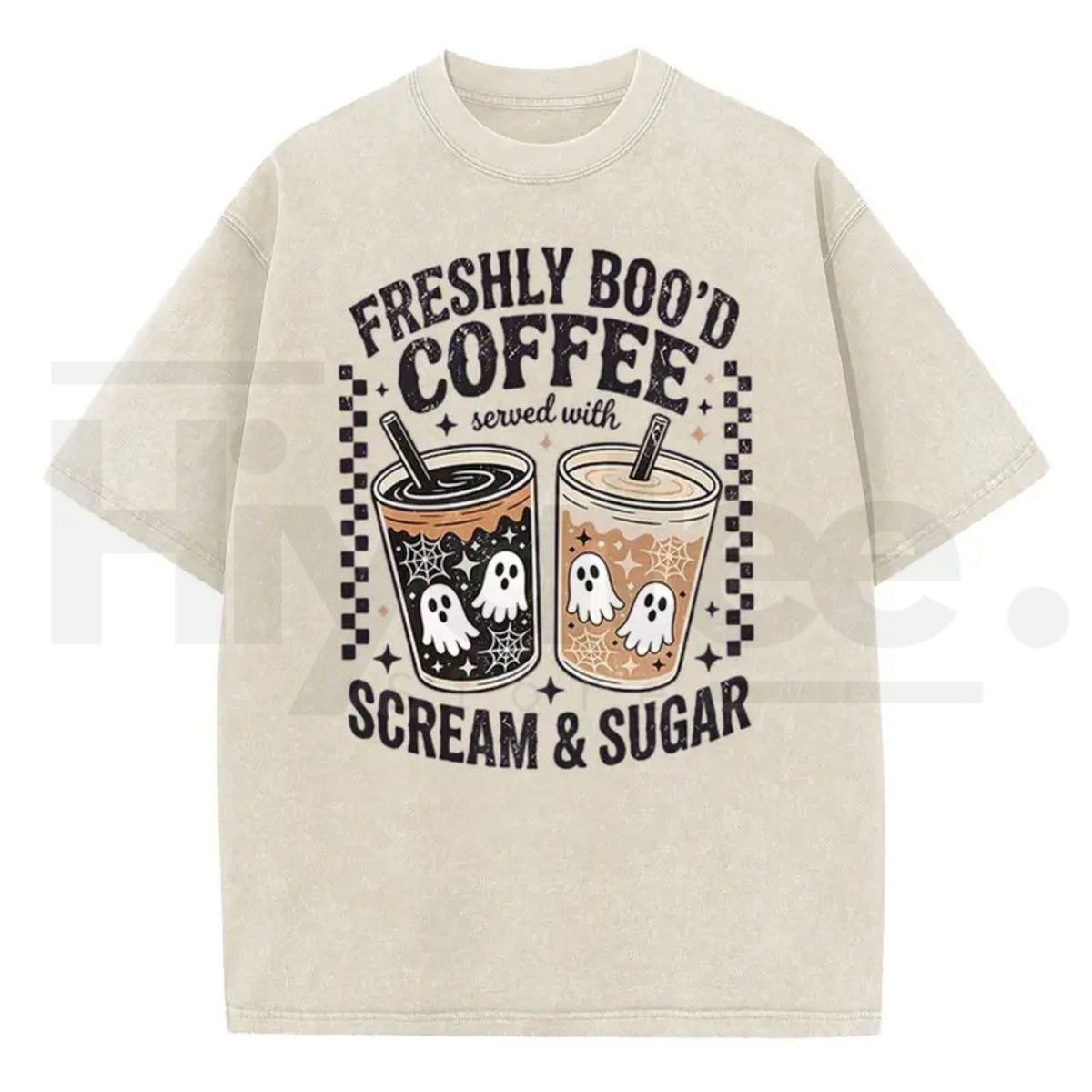 Holafish Funny Scream & Sugar Ghost Coffee T-Shirt – Retro Washed Oversized Fall Graphic Cotton Tee