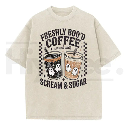 Holafish Funny Scream & Sugar Ghost Coffee T-Shirt – Retro Washed Oversized Fall Graphic Cotton Tee