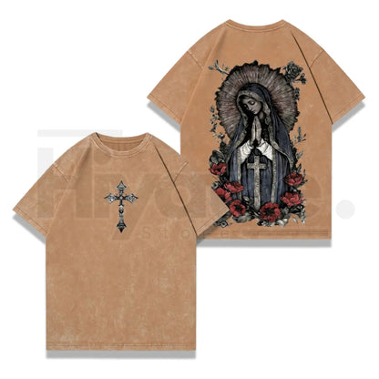 Virgin Mary Graphic T-Shirt – Washed Black Heavy Cotton Gothic Streetwear Tee