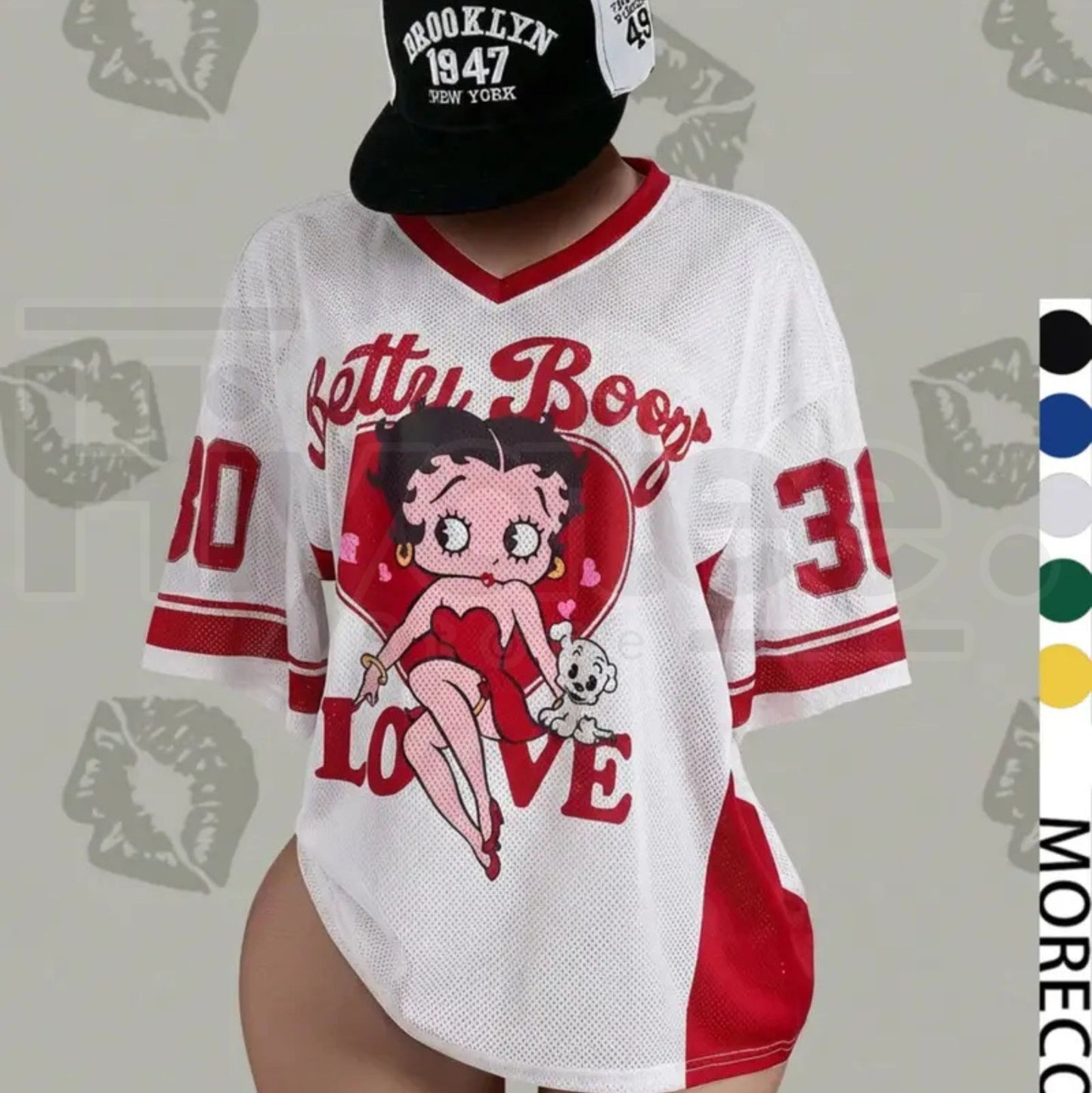 Streetwear Y2K Mesh Breathable American Vintage Doll Print V-Neck Short Sleeve T-Shirt